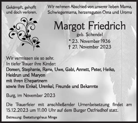 Traueranzeigen Von Margot Friedrich Abschied Nehmen De