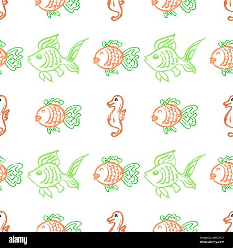 Marine Seamless Pattern Childrens Drawings With Wax Crayons Sea