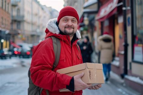 Premium Photo Man In Red Jacket Holding A Box