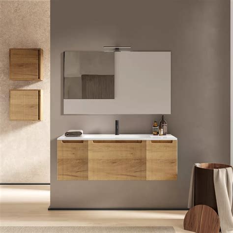 Mobile Bagno Sospeso 120 Cm Rovere Europeo Cannettato E Specchio Konai