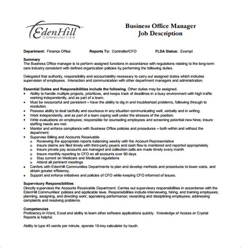 Office Manager Job Description Template Free Word Pdf Format