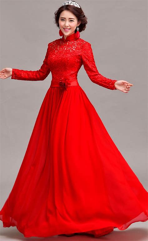 Red Chinese Mandarin Collar Long Sleeves Birdal Wedding Gown