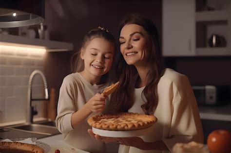 Mãe e filha estão assando uma torta de maçã na cozinha Dia das Mães