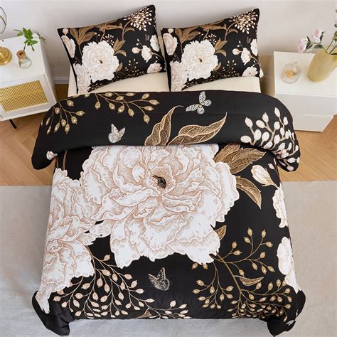 Urbonur Black Floral Comforter Set Queen Printed Comforter White