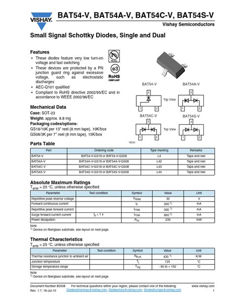 Bat C V Datasheet Bat X V Small Signal Schottky Diodes