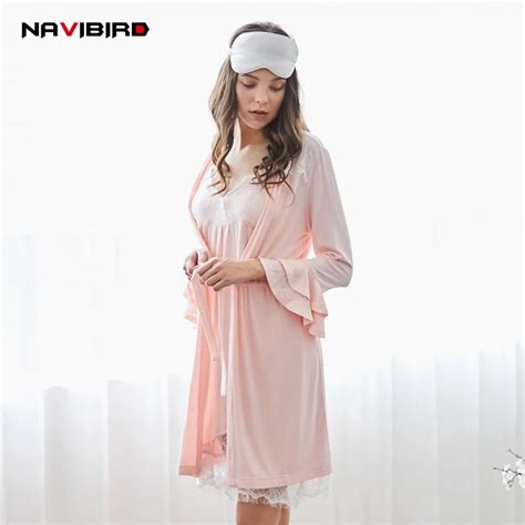 Summer Gilrs Lace Long Night Gown Set 2018 Imitation Silk Nightwear