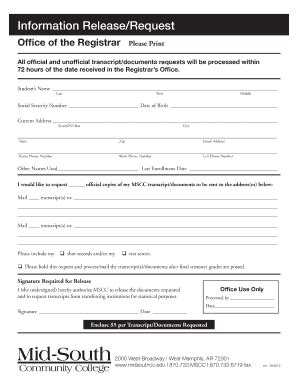 Fillable Online Midsouthcc Transcript Release Form Midsouthcc Fax