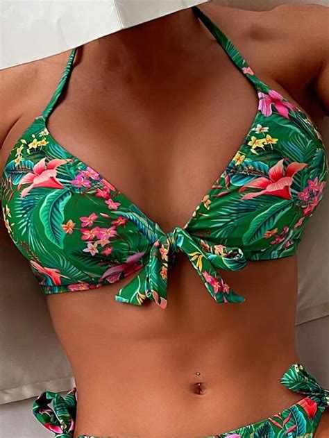 Shein Swim Vcay Tropical Print Halter Triangle Tie Side Bikini Swimsuit