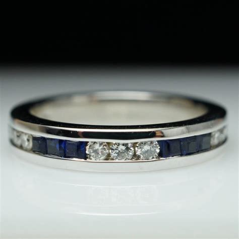 Vintage Sapphire & Diamond Wedding Band 14k White Gold Anniversary Band ...