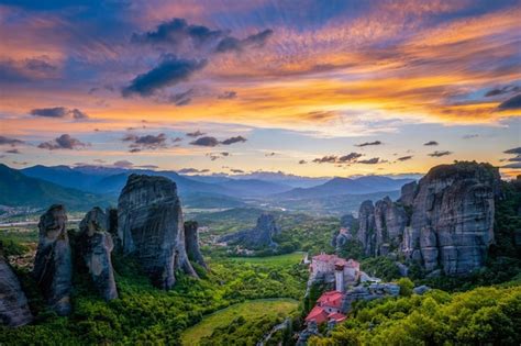 Premium Photo | Sunset sky and monasteries of meteora