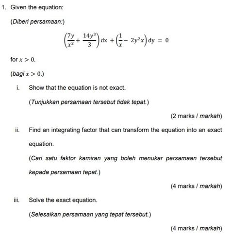 Solved 1 Given The Equation Diberi Persamaan 7y Chegg