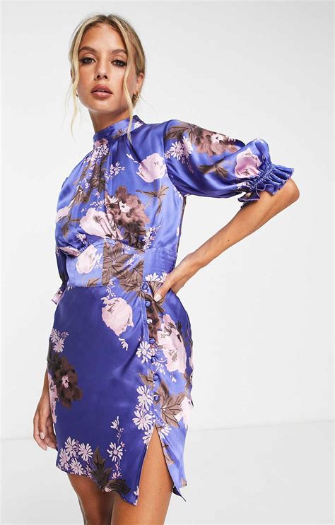 Rent Asos Design Satin Mini Mixed Floral Dress With Waist Detail And