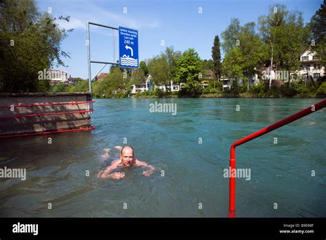 Man Bathing In River Aare Marzili Lido Berne Canton Of Berne