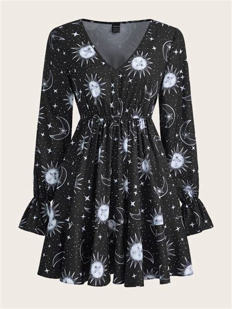 ROMWE PUNK Grunge Sun Moon Print Flounce Sleeve Dress SHEIN UK