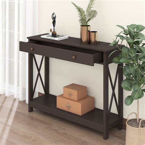 Treocho Oxford Design Console Table With Drawer And Storage Shelves Foyer Sofa Table Narrow For