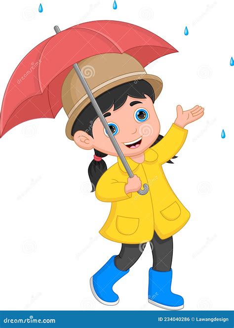 Cartoon Little Girl Holding An Umbrella In The Rain Stock Vector