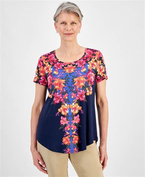 Jm Collection Womens Scoop Neck Short Sleeve Printed Knit Top Created For Macys Macys