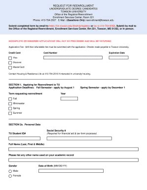 Fillable Online Towson REQUEST FOR REENROLLMENT Towson Fax Email