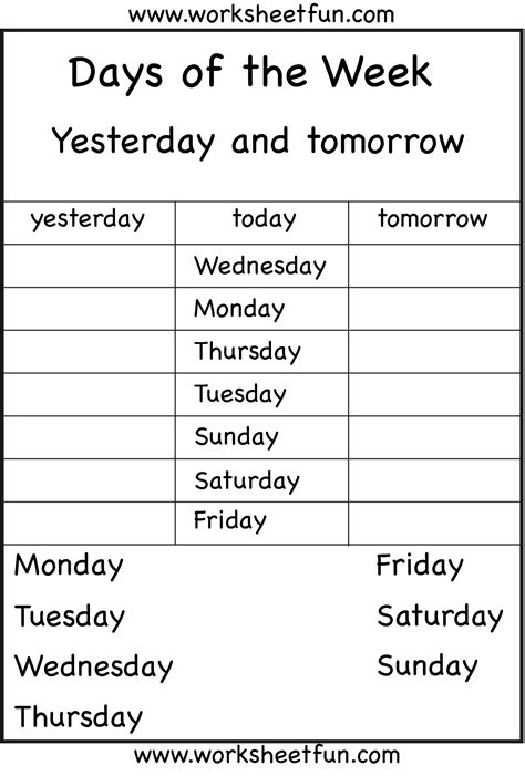 Days Of The Week Yesterday And Tomorrow Worksheets Fichas