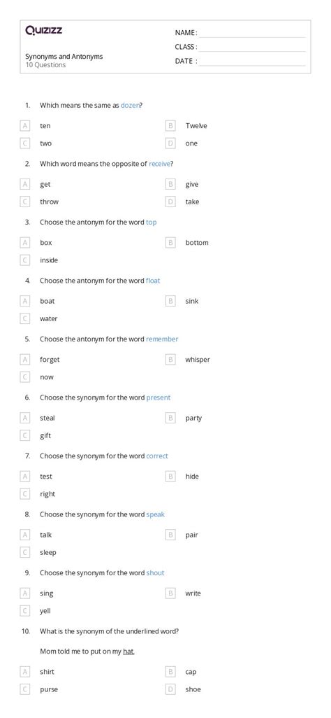 50 Synonyms And Antonyms Worksheets For 3rd Grade On Quizizz Free