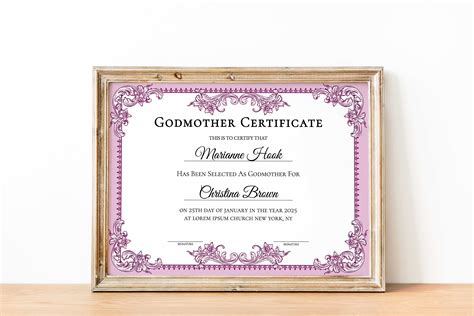 Editable Godmother Certificate Template, Printable Baptism Certificate