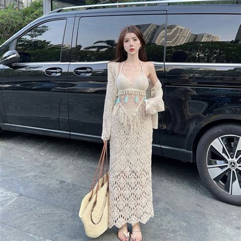 Ship Set Bikini Lace Hook Yarn 3 Piece Triangle Tassel Bra Mix Long Skirt With Super Beautiful