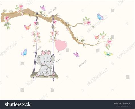 Baby Elephant Swinging On Swing Butterflies Stock Vector Royalty Free