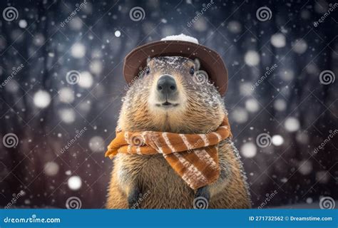 Groundhog In Plaid Scarf And Hat On Groundhog Day In Snow In Winter