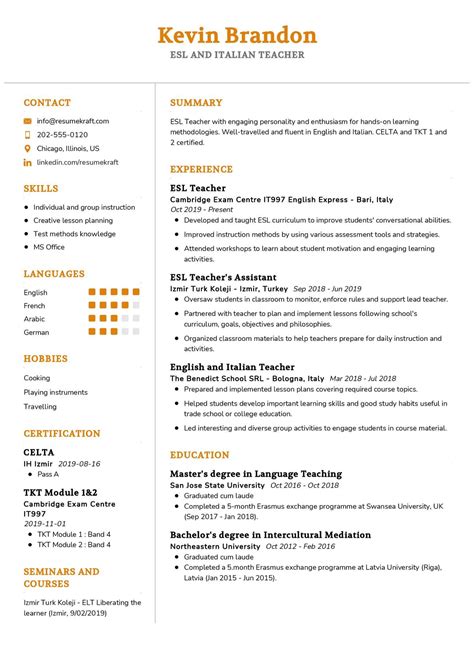 Englishesl Teacher Resume Samples Templates And Advice 52 Off