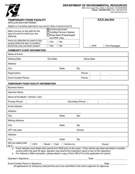 Stanislaus County California Application For Permit Temporary Food