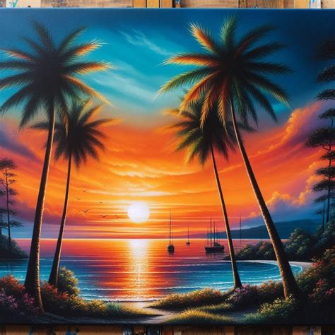 Uma pintura de palmeiras e um pôr do sol um pôr do sol no fundo