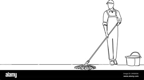 Continuous Single Line Drawing Of Janitor Mopping Floor Line Art