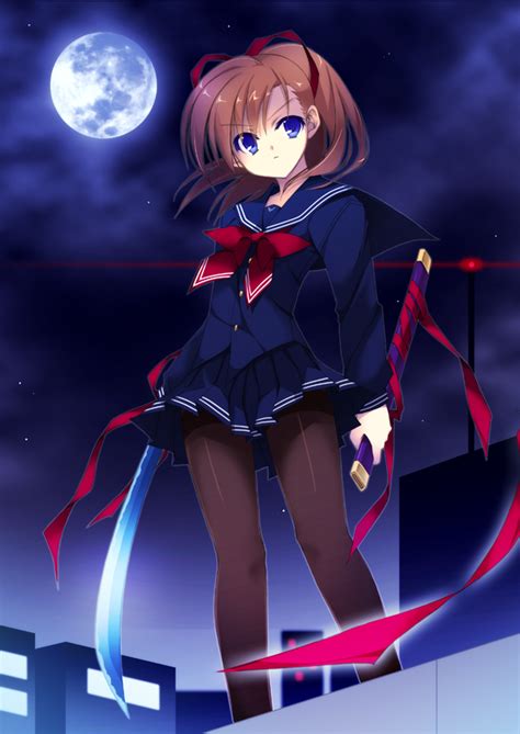 Safebooru Aura Bad Id Black Legwear Blue Eyes Blue Moon Boon Brown Hair Cityscape Copyright