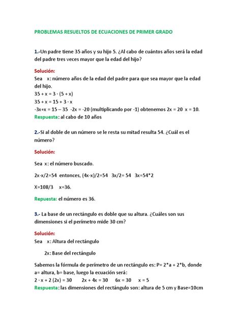 Problemas Resueltos De Ecuaciones De Primer Grado