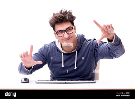 Funny Nerd Man Working On Computer Isolated On White Stock Photo Alamy