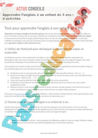 Apprendre Langlais Un Enfant De Ans Activit S Par Pass