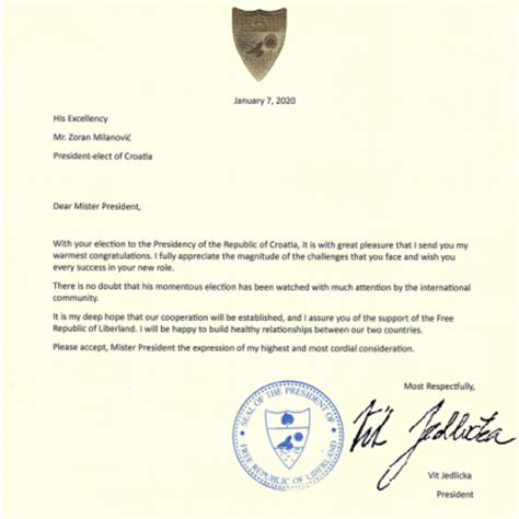 Congratulatory Letter To Croatian President Zoran Milanovi Liberland Tv