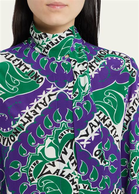 Valentino Garavani Logo Bandana Print Silk Scarf Neck Blouse Bergdorf