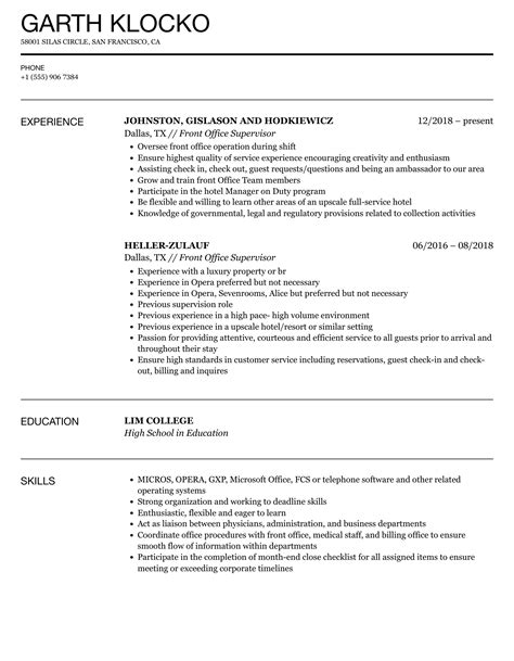 Front Office Supervisor Resume Samples Velvet Jobs