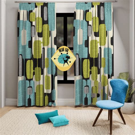 Mid Century Modern Window Curtains, Aqua Blue, Green, Slate Gray, Blac – Mid Century Modern Gal