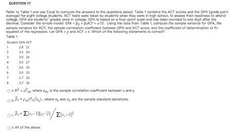 Solved QUESTION 17 Refer to Table 1 and use Excel to compute | Chegg.com 