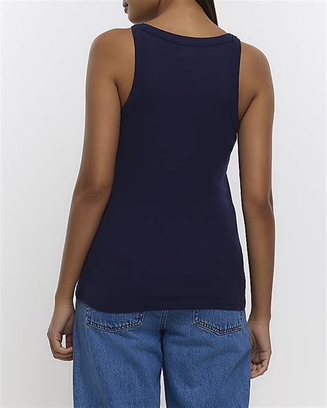 Navy Ribbed Racer Vest Top River Island