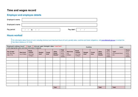 Weekly Time And Wages Record Template Time And Wages Record Employer