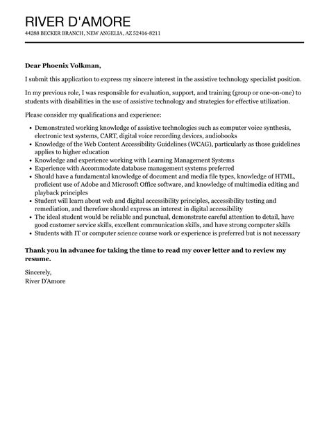 Assistive Technology Specialist Cover Letter Velvet Jobs