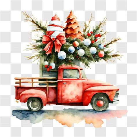 T L Charger Peinture Aquarelle D Un Camion Rouge Rustique Avec Un Sapin