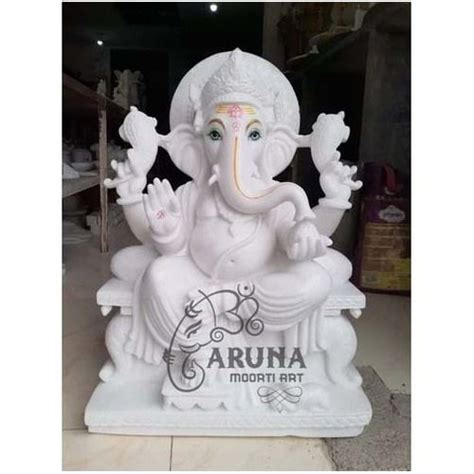 Easy To Clean Handmade Matte Pure White Marble Lord Ganesha Statue At