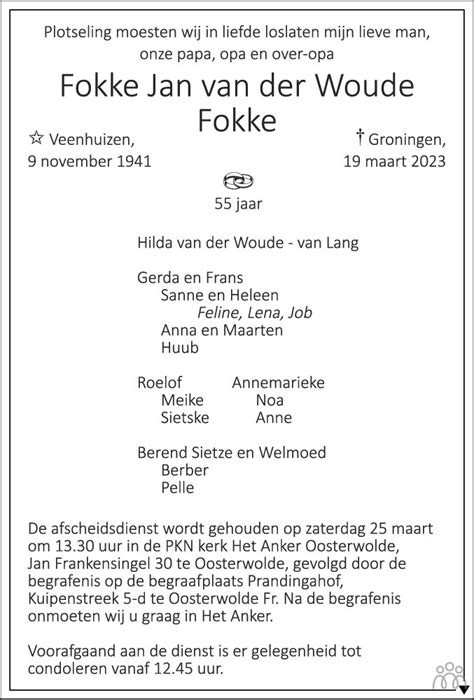 Fokke Jan Van Der Woude 19 03 2023 Overlijdensbericht En Condoleances