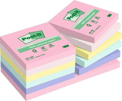 Notes Recyclées Post It® Couleurs Assorties 76 Mm X 76 Mm 100