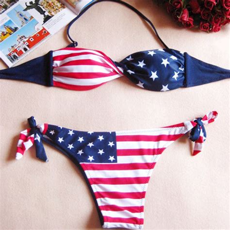 Sexy Women Summer Stars And Stipes Usa Flag Bikini Padded Twisted