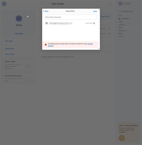 Trying to share a vault from my personal account to my work account
